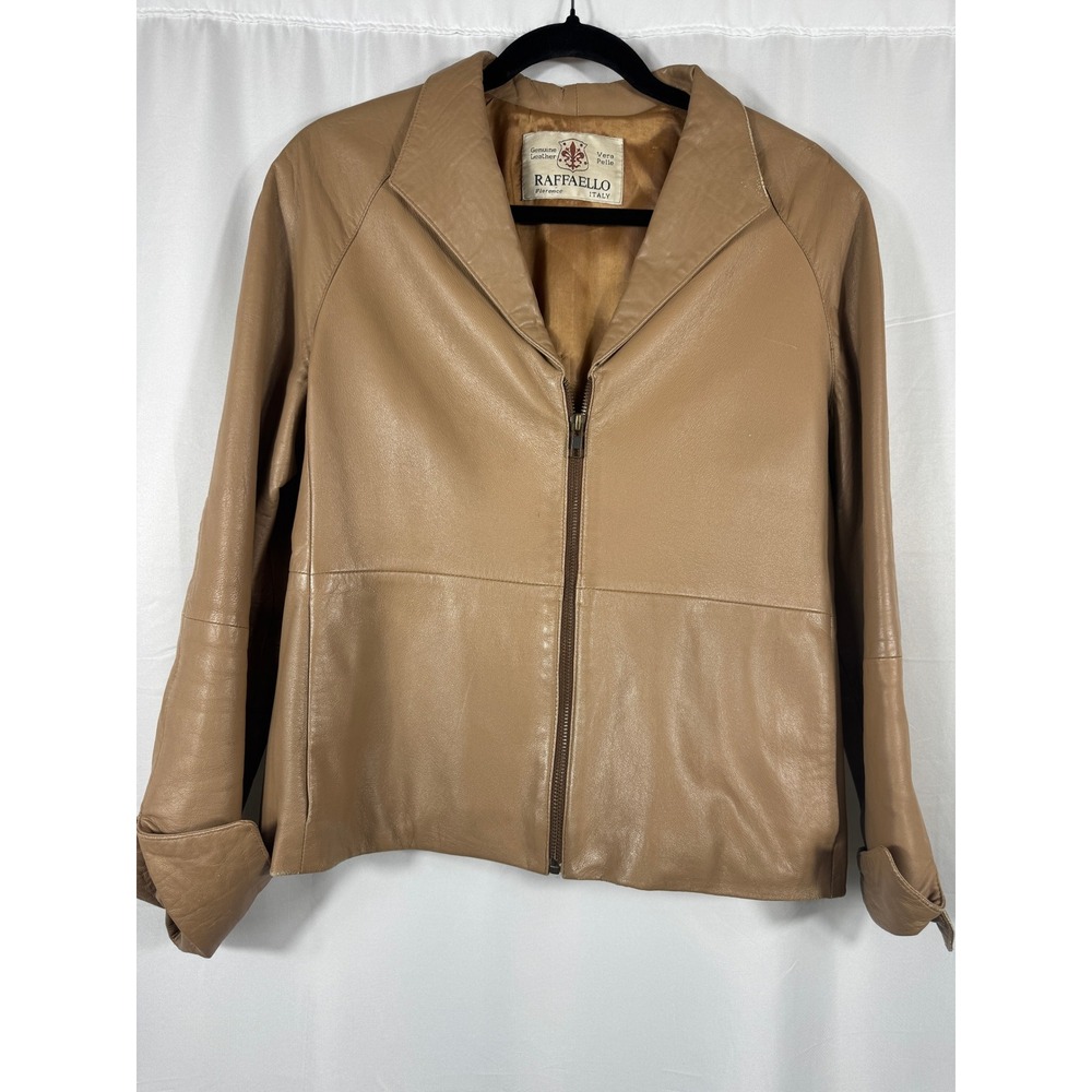 VTG Raffaello Florence Italy Genuine Leather Jacket Tan Zip Front